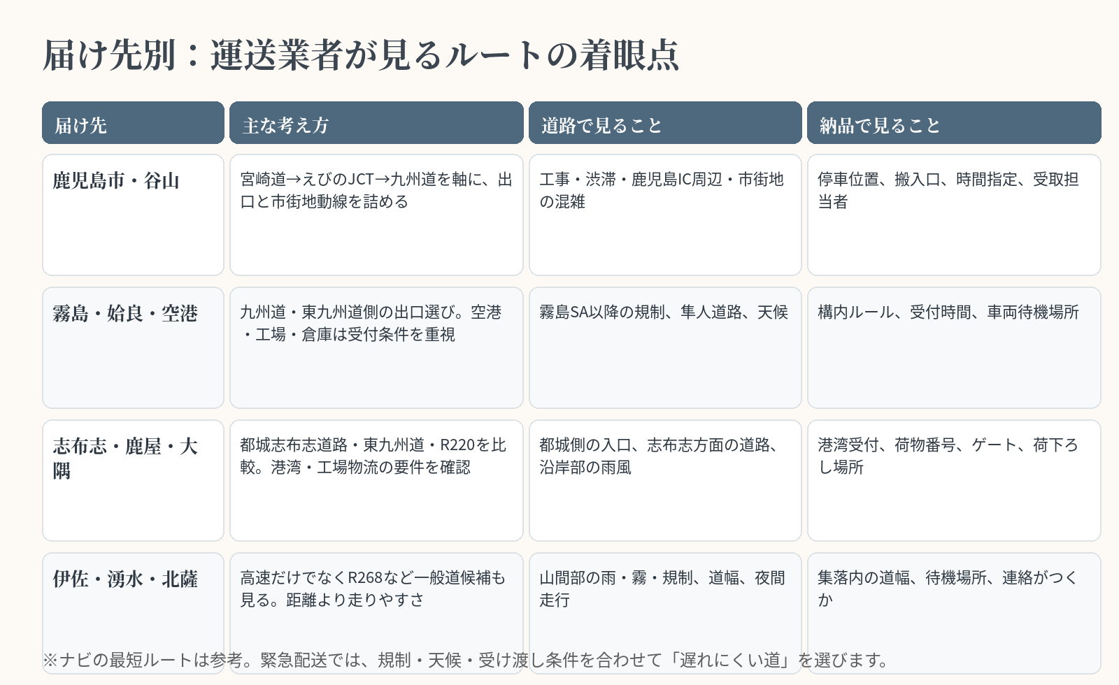 届け先別のルート判断表