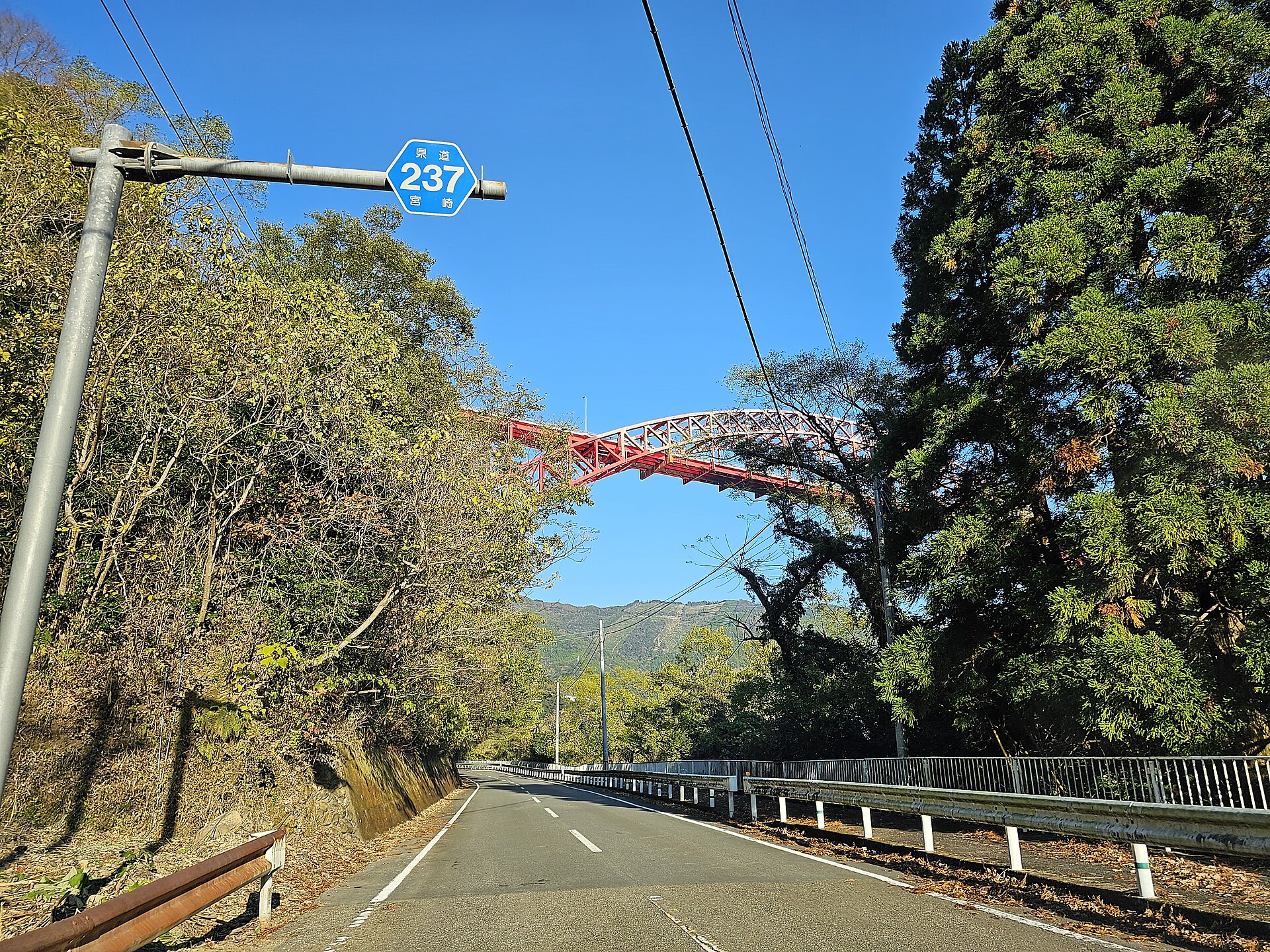 県道の頭上を渡る国道218号・干支大橋